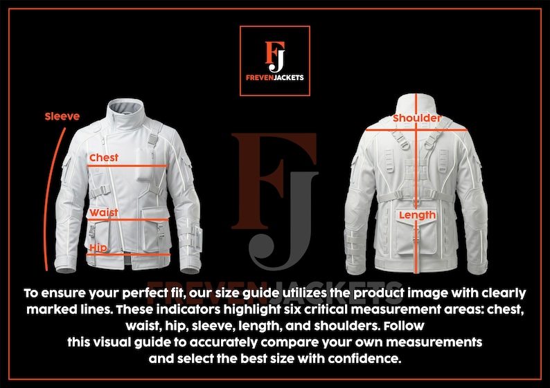 May include: A white jacket shown from the front and back, featuring a size guide with orange lines indicating measurement points for sleeve, chest, waist, hip, shoulder, and length. The Freven Jackets logo and text are visible on a black background.