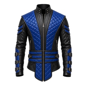 May include: A black and blue jacket featuring a quilted diamond pattern on the chest and lower front panels. The garment includes a high collar, a central zipper, and sleeves with three horizontal buckled straps on each forearm for adjustment.