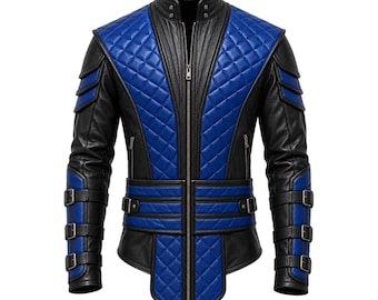 Chaqueta de cuero azul y negra inspirada en Sub-Zero de Mortal Kombat, disfraz de ninja para cosplay, chaqueta de motociclista táctica para videojuegos, atuendo de guerrero.