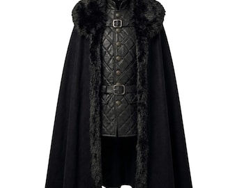 Capa de Jon Snow, Guardia de la Noche, Capa de piel, Chaleco medieval de cuero, Disfraz de guerrero negro, Cosplay vikingo de fantasía