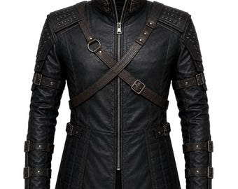 Chaqueta de cuero de Geralt de The Witcher, chaqueta de Geralt de Rivia, chaqueta de cuero negra para cosplay, abrigo de armadura de fantasía medieval hecho a mano, atuendo para gamers