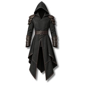 May include: A black hooded coat featuring dark brown shoulder armor plates, matching brown forearm cuffs with buckle straps, and a wide brown waist belt with a metal buckle. The coat has a long, layered hemline and structured seams throughout.