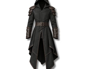 Abrigo de Guardián de las Sombras Disfraz de Asesino Ranger Oscuro Chaqueta de Pícaro Fantasía con Capucha Armadura de Guerrero Gótico Medieval LARP Cosplay Disfraz de Halloween