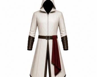 Abrigo con capucha de cuero blanco inspirado en Assassin's Creed, disfraz medieval de cosplay de guerrero gótico.