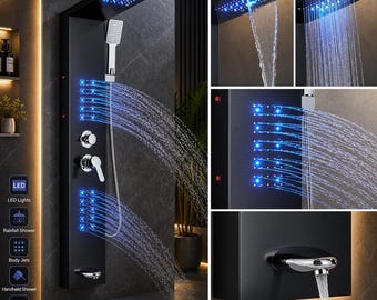 Matte Schwarz LED Dusche Panel Turm Regen Wasserfall Körper Jets System Handbrause Set Badezimmer Wand Spa Wasserhahn