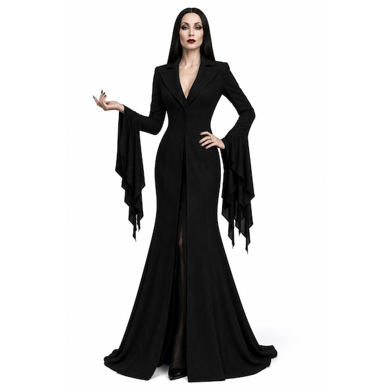 Morticia Addams Inspired Coat Gothic Black Coat Vampire Coat Witch Coat Halloween Cosplay Costume Dark Academia Coat Gothic Princess Coat
