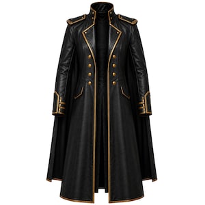 May include: A black long coat featuring gold-toned piping along the lapels, hem, and cuffs. The coat includes structured shoulders with epaulets, double-breasted gold buttons, and a high collar, presenting a military-inspired design aesthetic.