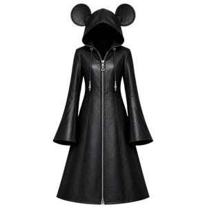 May include: A black long-sleeved coat featuring a hood with two rounded ears on top. The coat has a full-length silver front zipper, flared sleeves, and a smooth finish. The hood includes two thin drawstrings with silver metal tips hanging down.
