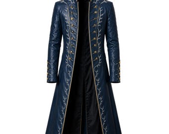 Abrigo de cuero azul DMC Vergil, hecho a mano, DMC Cosplay, gabardina larga bordada, disfraz personalizado para Halloween y Comic Con