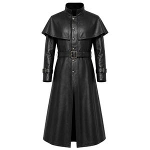 May include: A black long coat featuring a high collar, a shoulder capelet, and a front button closure. The garment includes a waist belt with a buckle and adjustable buckled straps on the cuffs. The design has a structured fit and a full-length hem.
