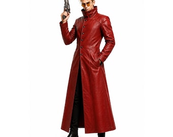 Abrigo de Vash The Stampede, gabardina de cuero rojo Trigun, abrigo largo de anime para cosplay, disfraz de Vash para cosplay, abrigo gótico de cuero de longitud completa