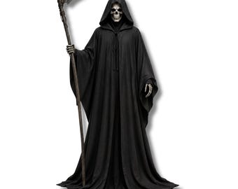 Grim Reaper Cloak Full Length Black Tattered Hooded Cape Gothic Halloween Costume