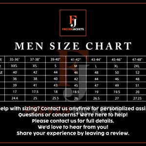 May include: A black size chart for jackets with white text and a logo at the top reading FREVENJACKETS. The table lists measurements in inches for body chest, jacket size, jacket chest, waist, hip, shoulder, and sleeves ranging from XXS to 3XL.