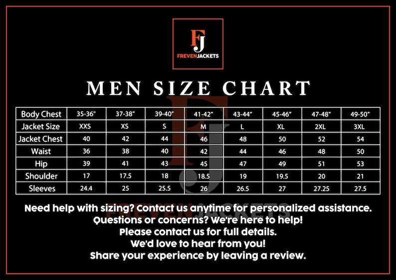 May include: A black size chart for jackets with white text and a logo at the top reading FREVENJACKETS. The table lists measurements in inches for body chest, jacket size, jacket chest, waist, hip, shoulder, and sleeves ranging from XXS to 3XL.