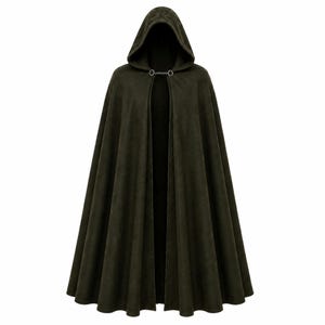 May include: A floor-length, dark olive green hooded cloak featuring a smooth, matte fabric texture. The garment includes a deep, pointed hood and is secured at the neck with a silver-toned metal chain clasp consisting of two rings and a short chain.