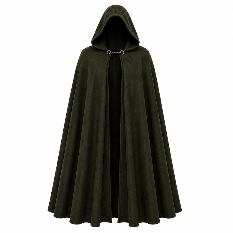 May include: A floor-length, dark olive green hooded cloak featuring a smooth, matte fabric texture. The garment includes a deep, pointed hood and is secured at the neck with a silver-toned metal chain clasp consisting of two rings and a short chain.
