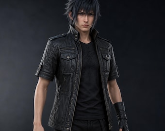 Chaqueta de cuero inspirada en Noctis Lucis Caelum de Final Fantasy XV FF15, disfraz de cosplay, chaqueta de juego negra de manga corta hecha a mano.