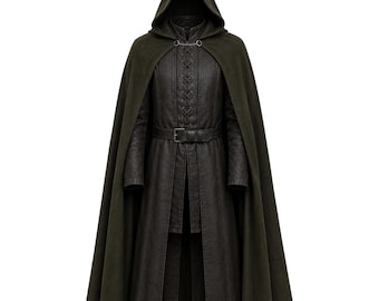 Aragorn Ranger Cosplay Costume Leather Coat Vest and Hooded Wool Cloak Medieval Fantasy Outfit