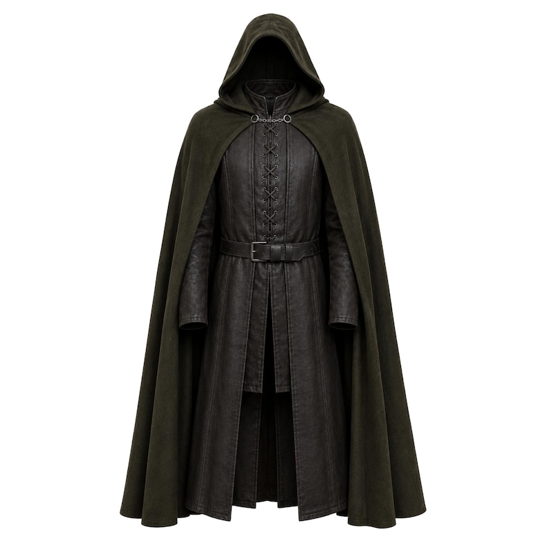 Aragorn Ranger Cosplay Costume Leather Coat Vest and Hooded Wool Cloak Medieval Fantasy Outfit