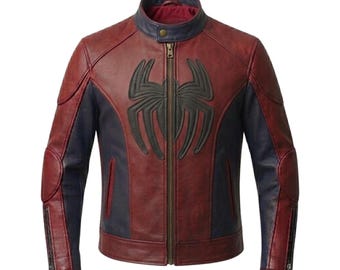 Chaqueta de cuero de Spidey roja, azul y negra, chaqueta de superhéroe para cosplay, chaqueta inspirada en Peter Parker, disfraz de Halloween