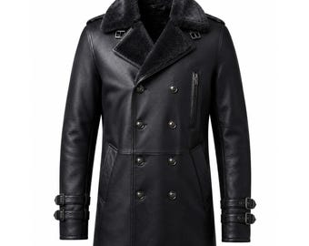 Chaqueta inspirada en Leon S. Kennedy, chaqueta de piel negra con forro de borrego, chaqueta de cosplay de Resident Evil, abrigo cruzado, disfraz de Halloween