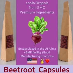 May include: Image features two brown paper bags with a clear window showing red capsules. A purple background displays a beetroot with green leaves. Text reads "100% Organic Non-GMO Premium Ingredients" and "Beetroot Capsules".