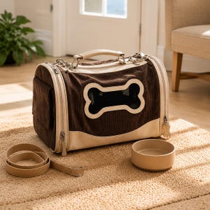 May include: A brown corduroy pet carrier with cream-colored trim, featuring a bone-shaped mesh window, a top handle, and zipper closures with bone-shaped pulls. Included are a matching cream-colored strap and a round, solid-colored pet bowl.