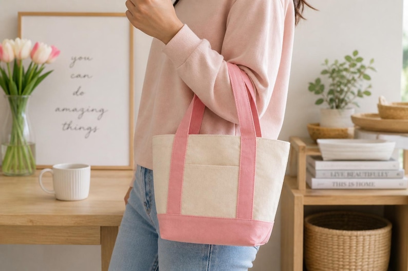 Mini Canvas Tote Bag with Pockets | Small Everyday Tote | Cute Lunch Bag, Book Tote, Gift Bag, Reusable Canvas Bag | DIY Mini Tote image 3
