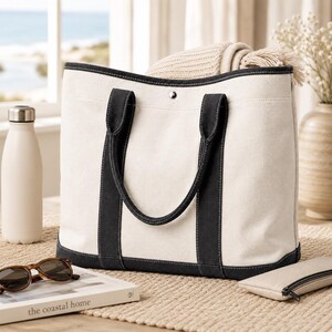 Vintage White Canvas Weekender Tote | Large Neutral Carryall Bag | Structured Travel Tote with Red Lining | Beach Work Overnight Bag