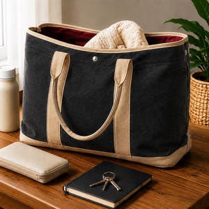 Torba podróżna Vintage Canvas Carryall | Duża, sprana, czarna torba weekendowa | Usztywniana torba podróżna z czerwoną podszewką | Torba do pracy i na co dzień