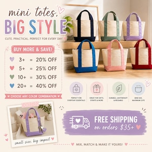 Mini Canvas Tote Bag with Pockets | Small Everyday Tote | Cute Lunch Bag, Book Tote, Gift Bag, Reusable Canvas Bag | DIY Mini Tote image 2