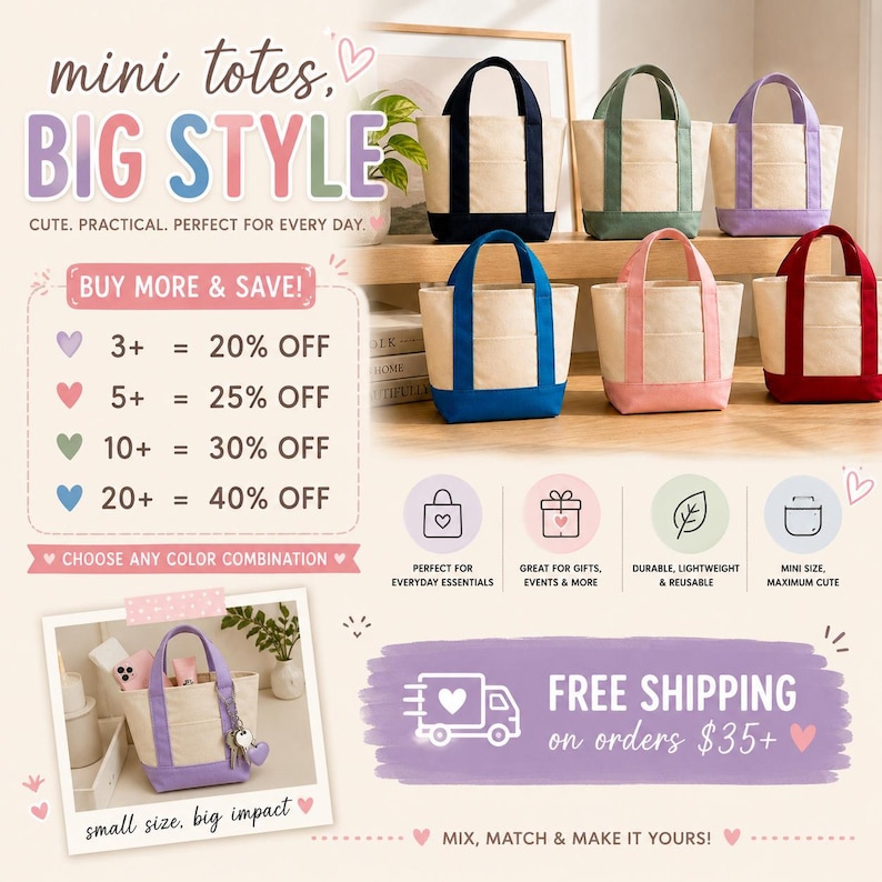 Mini Canvas Tote Bag with Pockets | Small Everyday Tote | Cute Lunch Bag, Book Tote, Gift Bag, Reusable Canvas Bag | DIY Mini Tote image 2