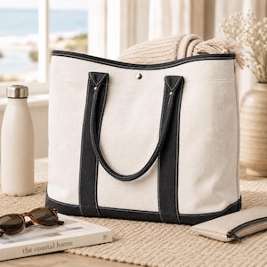 Sac cabas week-end vintage en toile blanche | Grand sac fourre-tout neutre | Sac de voyage structuré avec doublure bleue | Sac de plage/travail pour une nuit