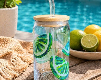 Hand Painted Lime Glass Tumbler | 16oz Iced Coffee Cup with Bamboo Lid (Summer Drinkware)