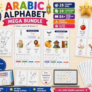 May include: An Arabic Alphabet Mega Bundle educational set featuring 56 printable pages, 28 coloring pages, 28 full-color flashcards, and 84 vocabulary words. Includes A4 size PDF files, illustrated worksheets with animals, and a digital tablet display.
