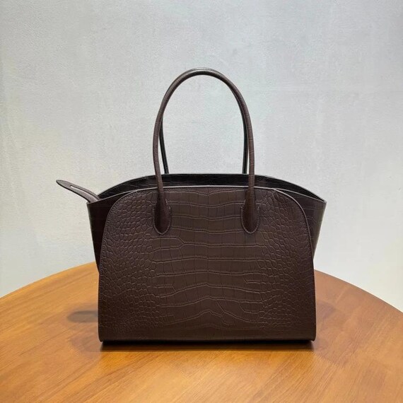 Genuine Leather Crocodile Embossed Tote Bag – 14 Inch Laptop Shoulder Bag