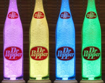 Genuine Vintage 1970's Dr Pepper Glass 10 oz ACL Label Soda LED Bottle Lamp Remote Color Changing Bar Light