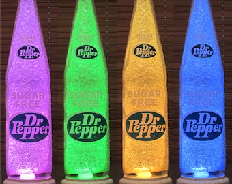 Diet Dr Pepper  Glass Vintage Sugar Free 1970's 16 oz ACL Label Soda LED Bottle Lamp Remote Color Changing Bar Light