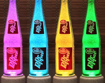 Genuine Vintage 1980's 1990's Dr Pepper Glass 10 oz ACL Label Soda LED Bottle Lamp Remote Color Changing Bar Light