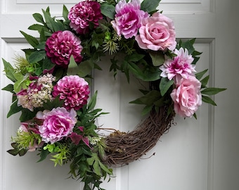 Handcrafted Faux Floral Wreath | Lifelike Spring Blooms, Year-Round Door Decor