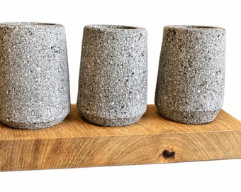 Handcrafted Volcanic Stone Shot Glass Set with Wooden Base Rustic Tequila Mezcal Bar Gift