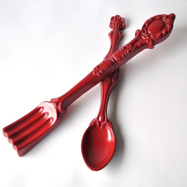 Painted Vintage Fork and Spoon Set Wall Decor in Red - Kitchen, Dining Room Decor -  SALE