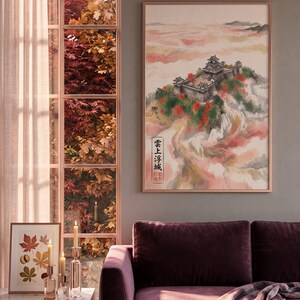 Sumi-e Ink Painting Japanese Castle Wall Art, Japandi Sky Castle Sea of Clouds Zen Poster