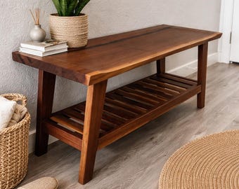 Live Edge Walnut Shoe Bench: Entryway Storage Seating, Natural Wood Slab Furniture