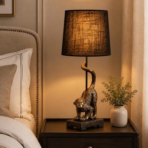 Antiqued Gold Monkey Table Lamp with Black Shade, Animal Accent Lamp, Whimsical Bedroom & Living Room Lighting