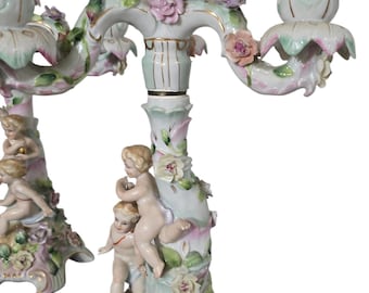 Set of (2) Antique German Meissen Inspired Porcelain Candelabra W/ Floral Encrustations