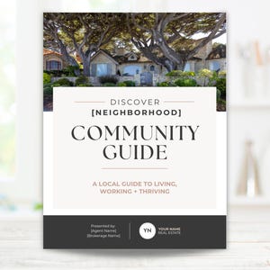 Pode incluir: Um folheto retangular de guia comunitário com uma fotografia de uma casa de pedra com árvores grandes no topo. O texto diz DISCOVER [NEIGHBORHOOD] COMMUNITY GUIDE, A LOCAL GUIDE TO LIVING, WORKING + THRIVING, e inclui espaços para informações de contato.