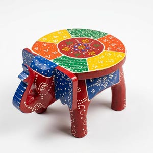 Taburete de madera con forma de elefante pintado a mano, mesa auxiliar de arte popular indio, decoración bohemia para el hogar.