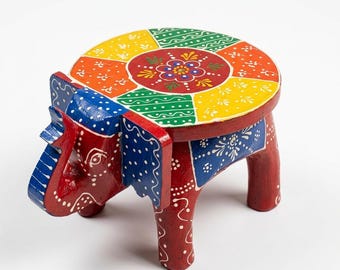 Handbemalter Elefant Hocker aus Holz, indische Volkskunst Akzenttisch, Boho Wohnkultur
