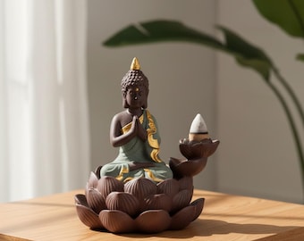 Praying Buddha Backflow Incense Burner, Lotus Smoke Fountain, Ceramic Zen Decor